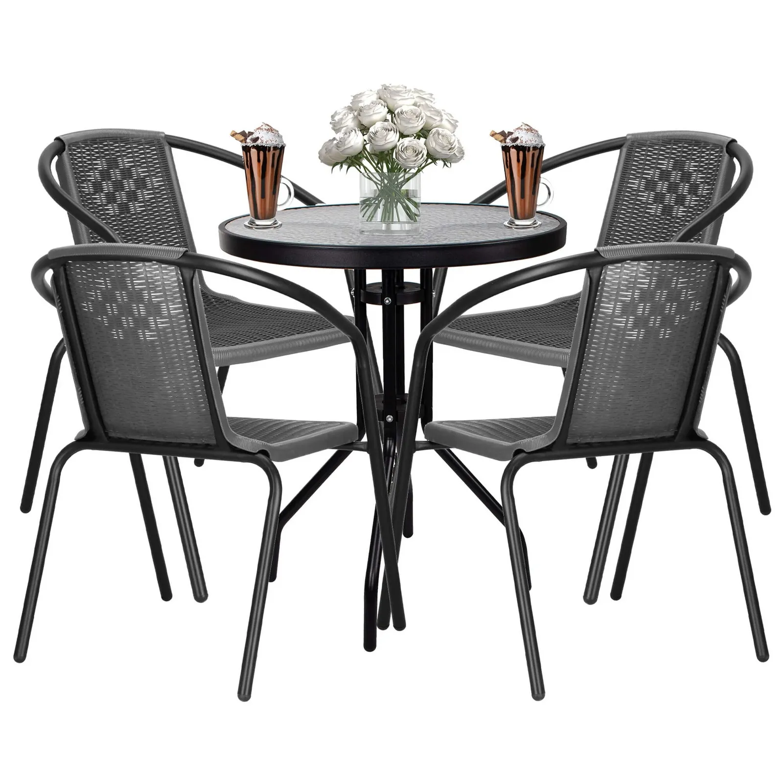 Zestaw mebli ogrodowych stół okrągły i 4 krzesła metalowe komplet na balkon czarno-szary
