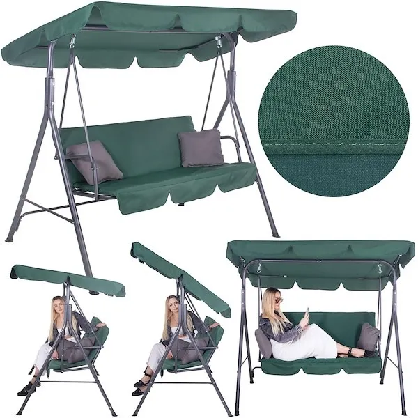 Huśtawka ogrodowa 3-osobowa z regulowanym daszkiem metalowa zielona