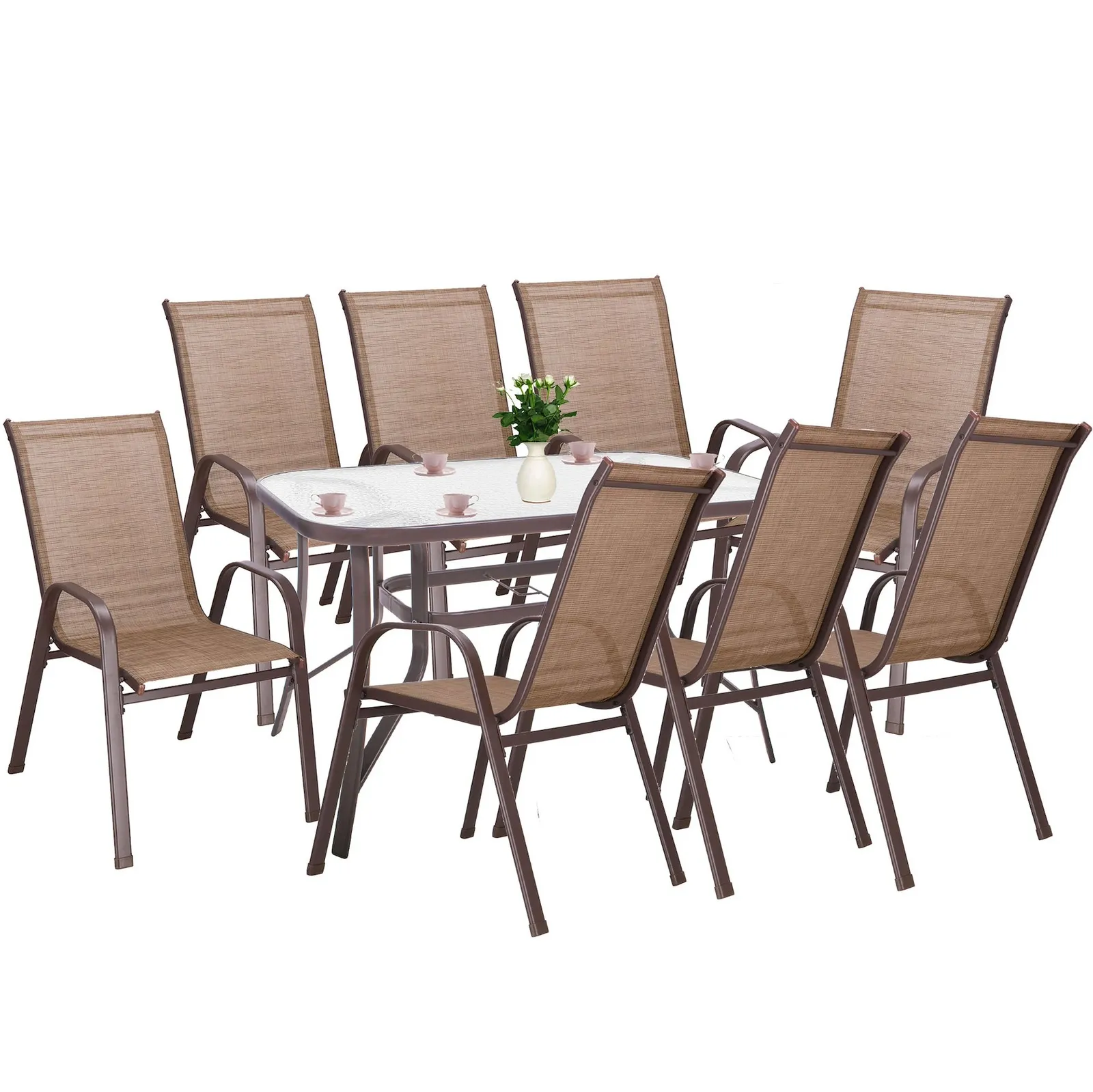 Zestaw mebli ogrodowych stół ze szkłem hartowanym, 8 krzeseł komplet na taras brązowy