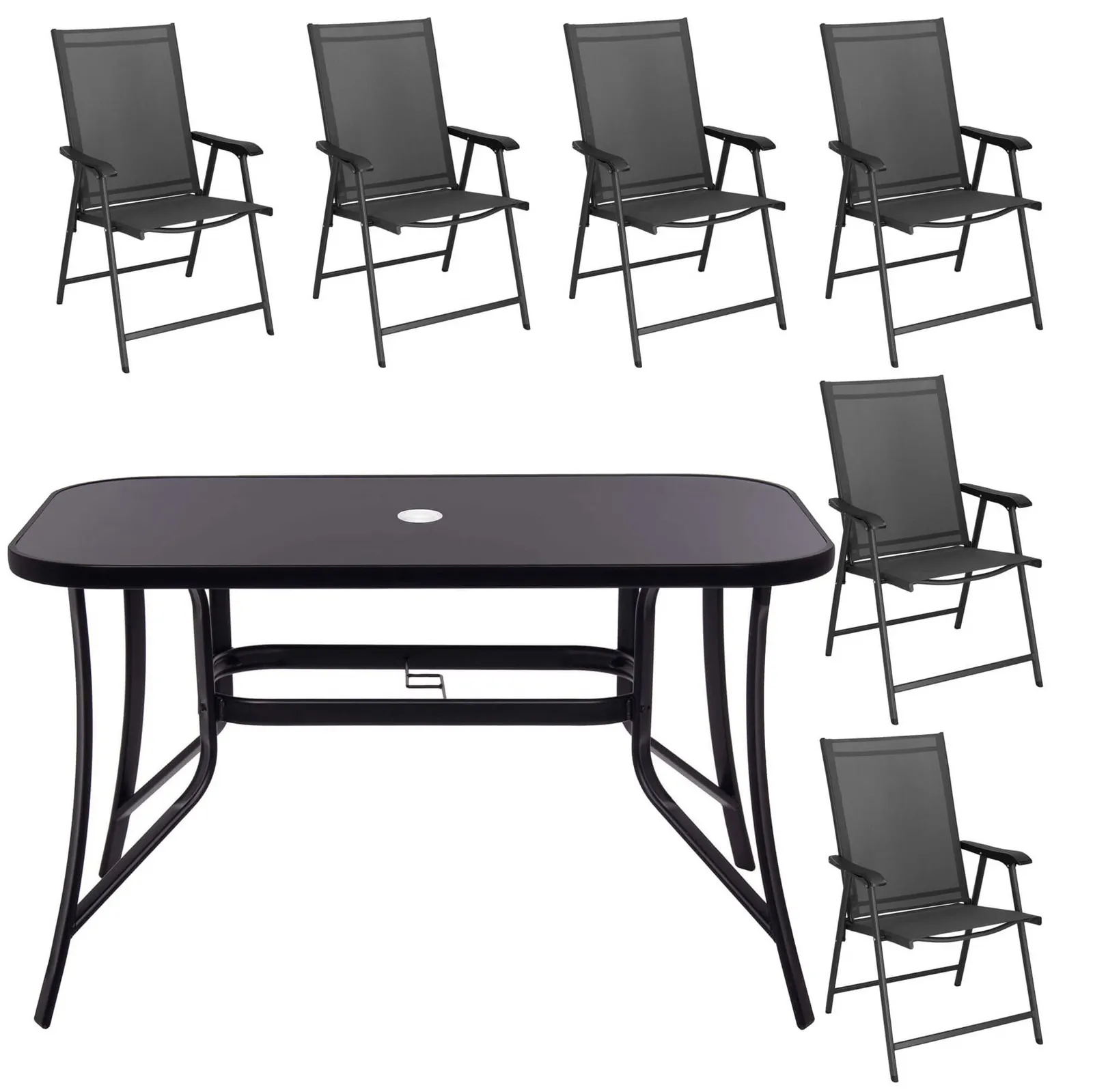 Zestaw mebli ogrodowych stół ze szkłem hartowanym, 6 krzeseł komplet na taras szaro-czarny