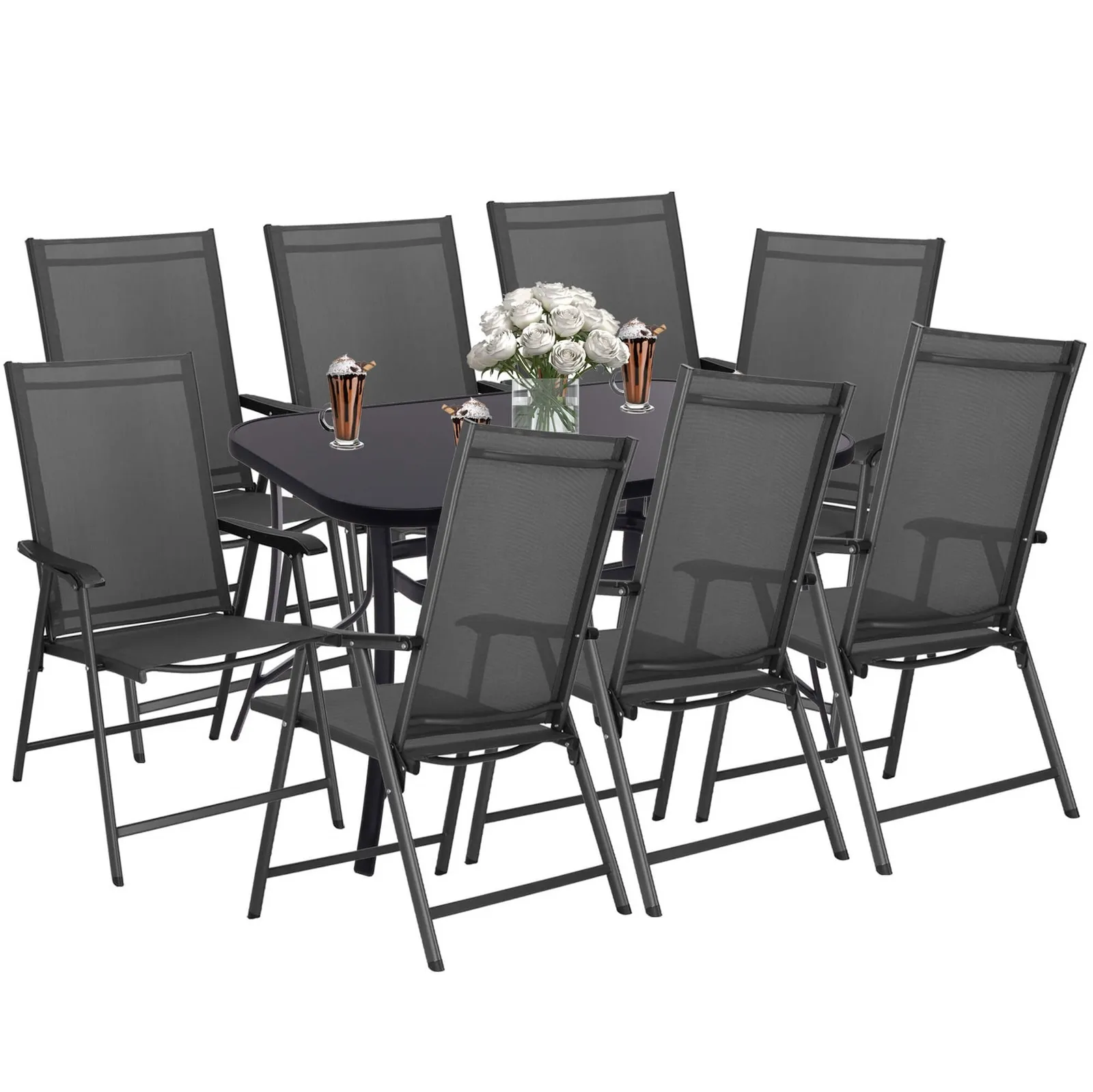Zestaw mebli ogrodowych stół ze szkłem hartowanym, 8 krzeseł komplet na taras szaro-czarny
