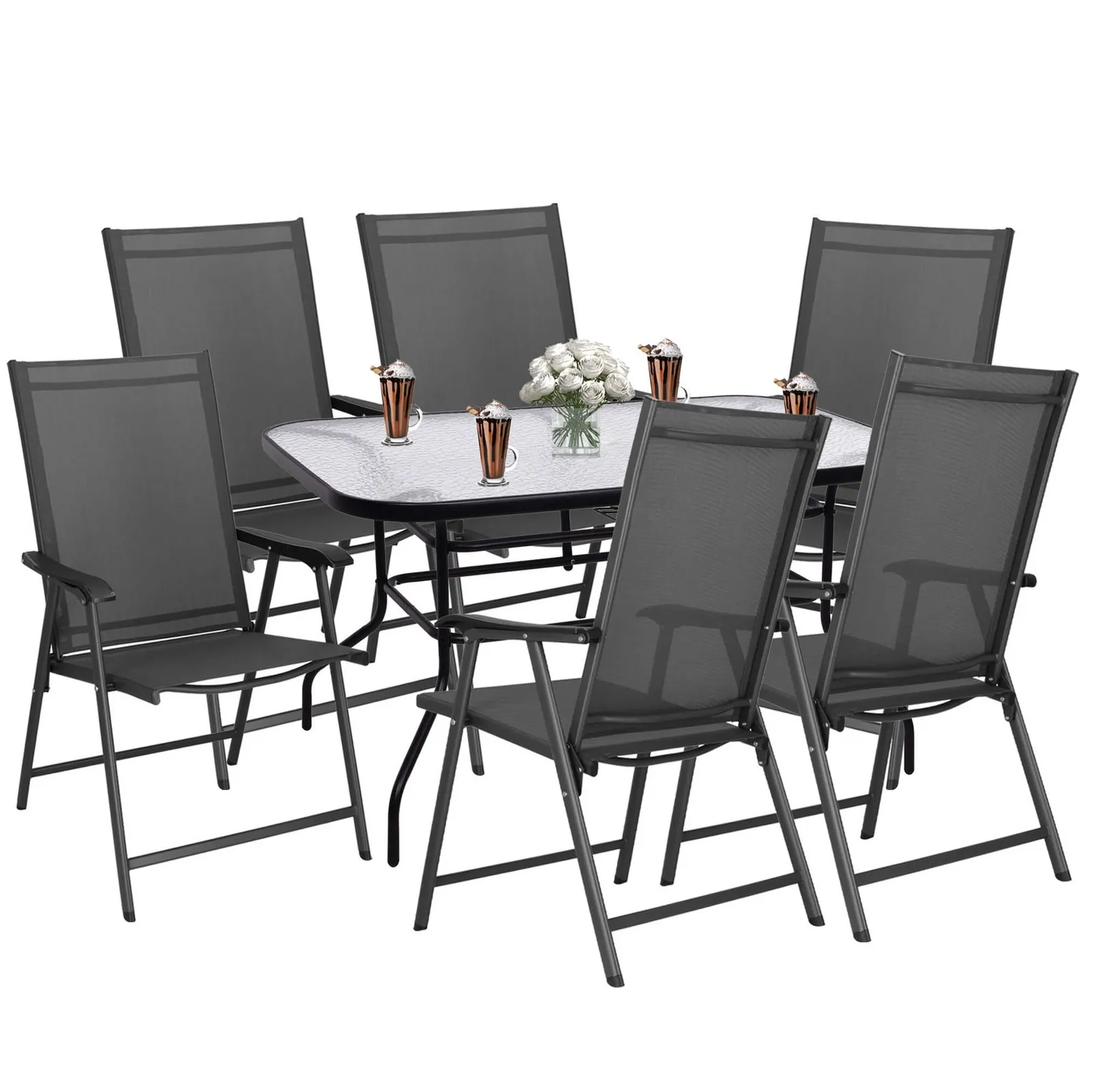 Zestaw mebli ogrodowych stół ze szkłem hartowanym, 6 krzeseł komplet na taras czarno-szary