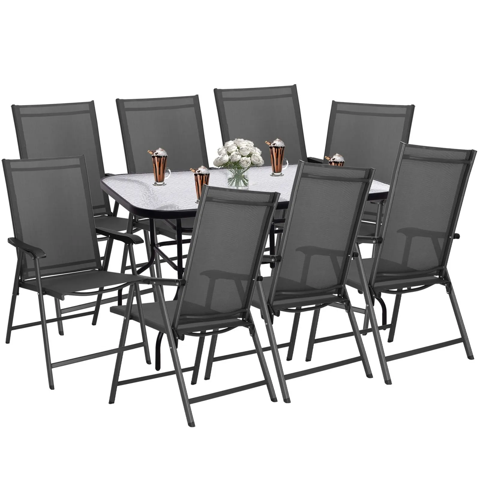 Zestaw mebli ogrodowych stół ze szkłem hartowanym, 8 krzeseł komplet na taras czarno-szary