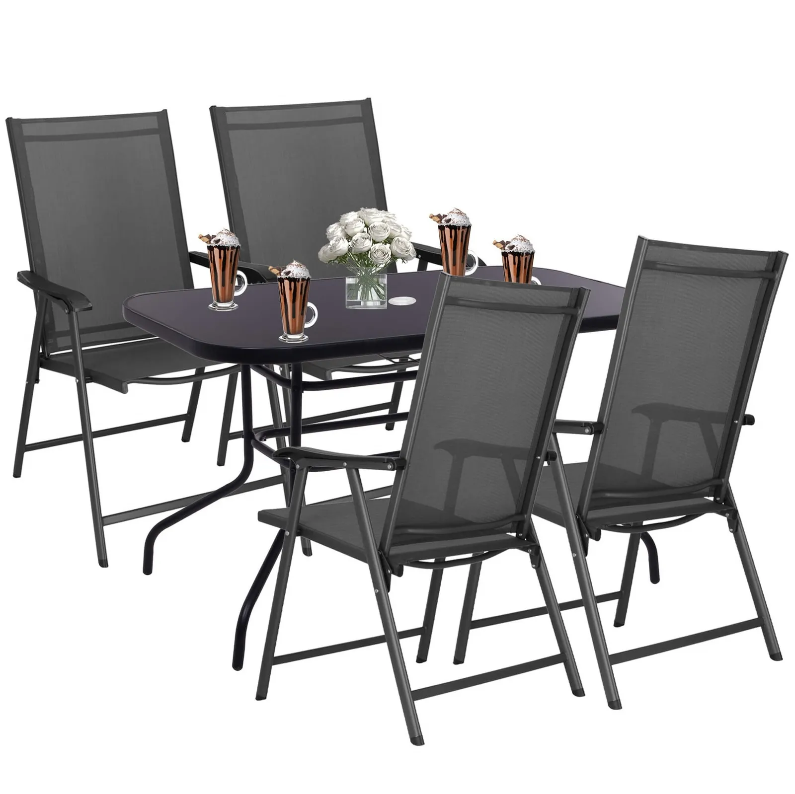 Zestaw mebli ogrodowych stół ze szkłem hartowanym, 4 krzesła komplet na taras czarno-szary