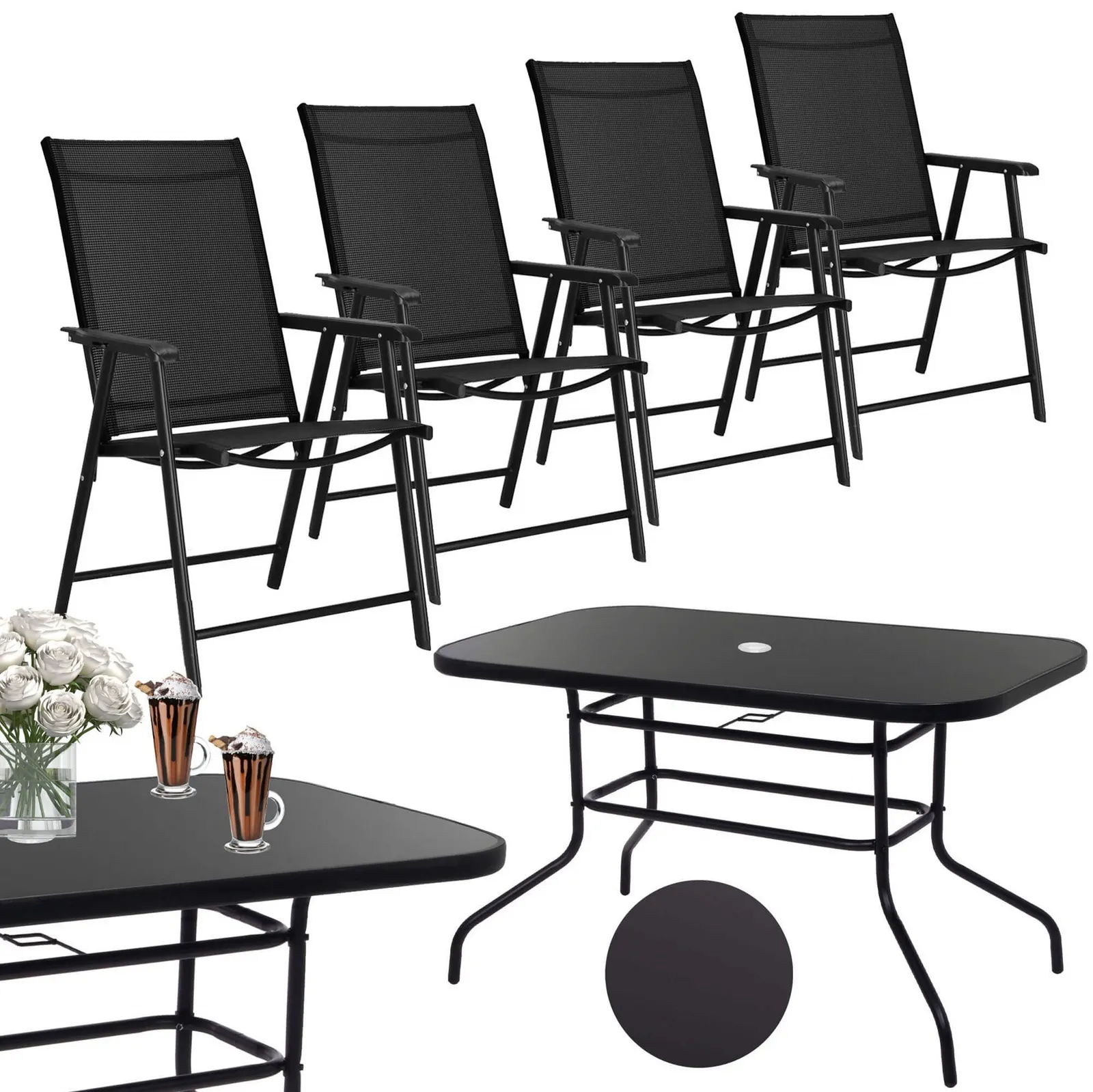 Meble ogrodowe, komplet na balkon dla 4 osób: metalowe 4 krzesła i stół z szkła hartowanego, czarny