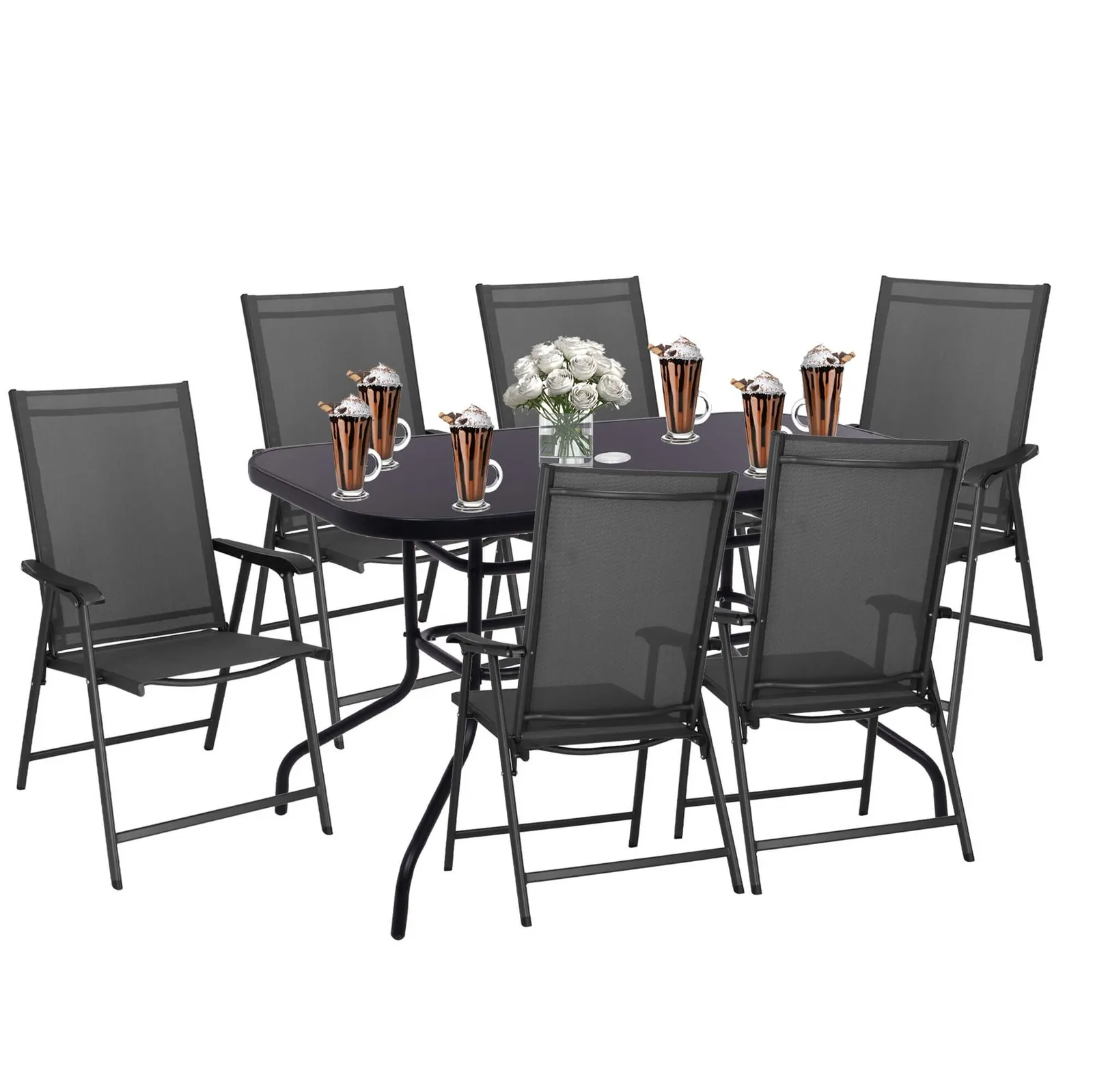 Zestaw mebli ogrodowych stół ze szkłem hartowanym, 6 krzeseł komplet na taras czarno-szary