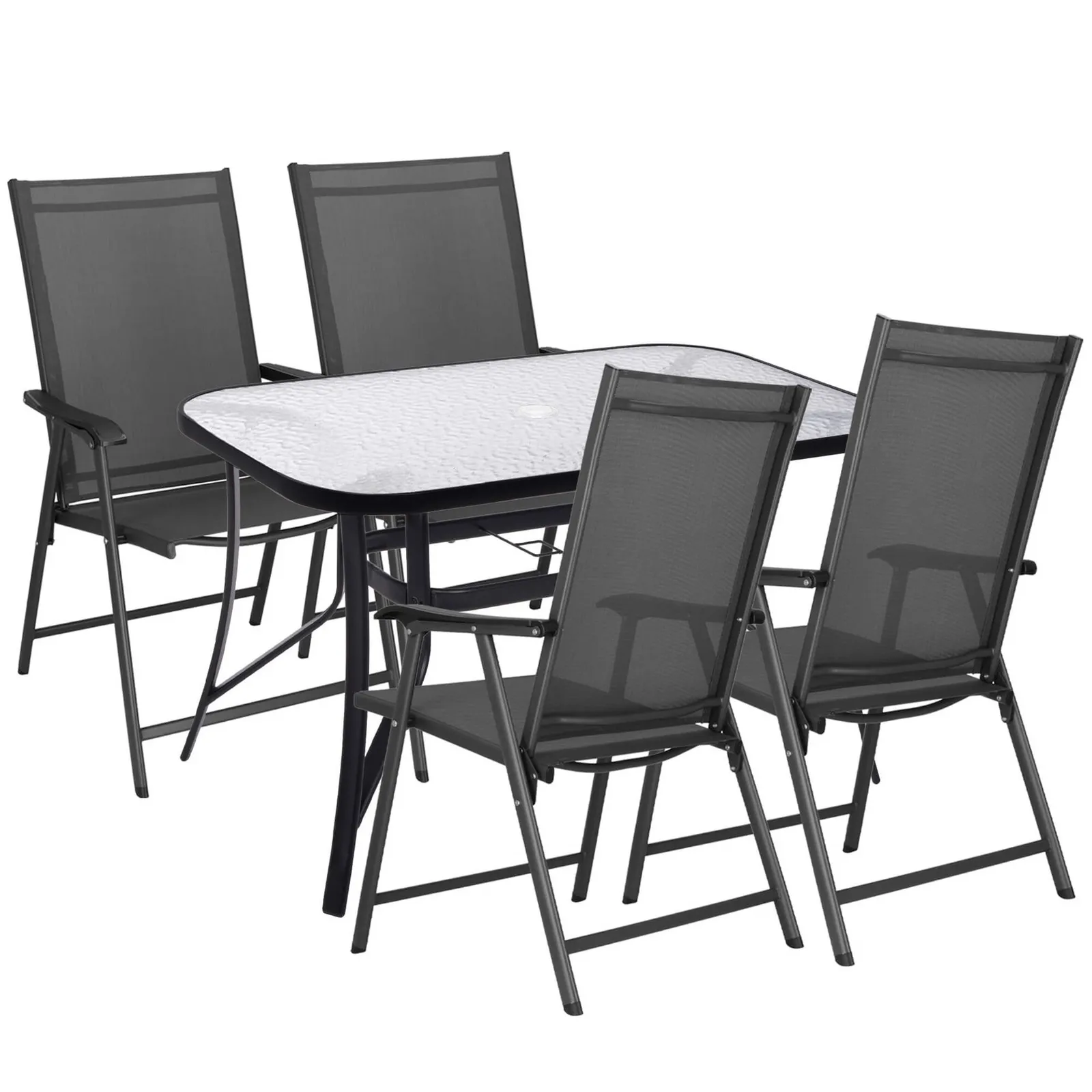 Meble ogrodowe, komplet na balkon dla 4 osób: metalowe 4 krzesła i stół z szkła hartowanego czarno-szary