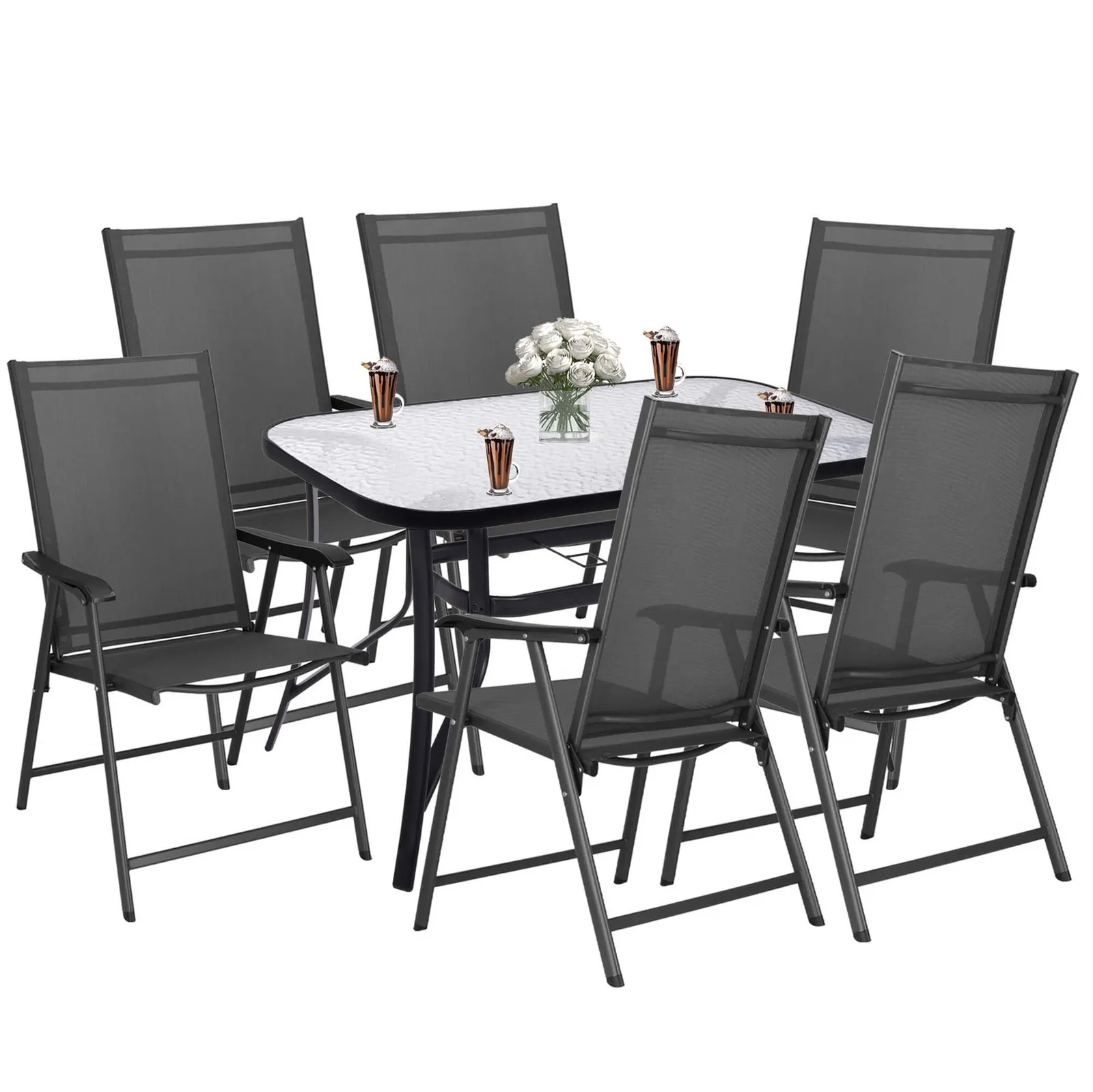 Meble ogrodowe, komplet na balkon dla 6 osób: metalowe 6 krzeseł i stół z szkła hartowanego czarno-szary