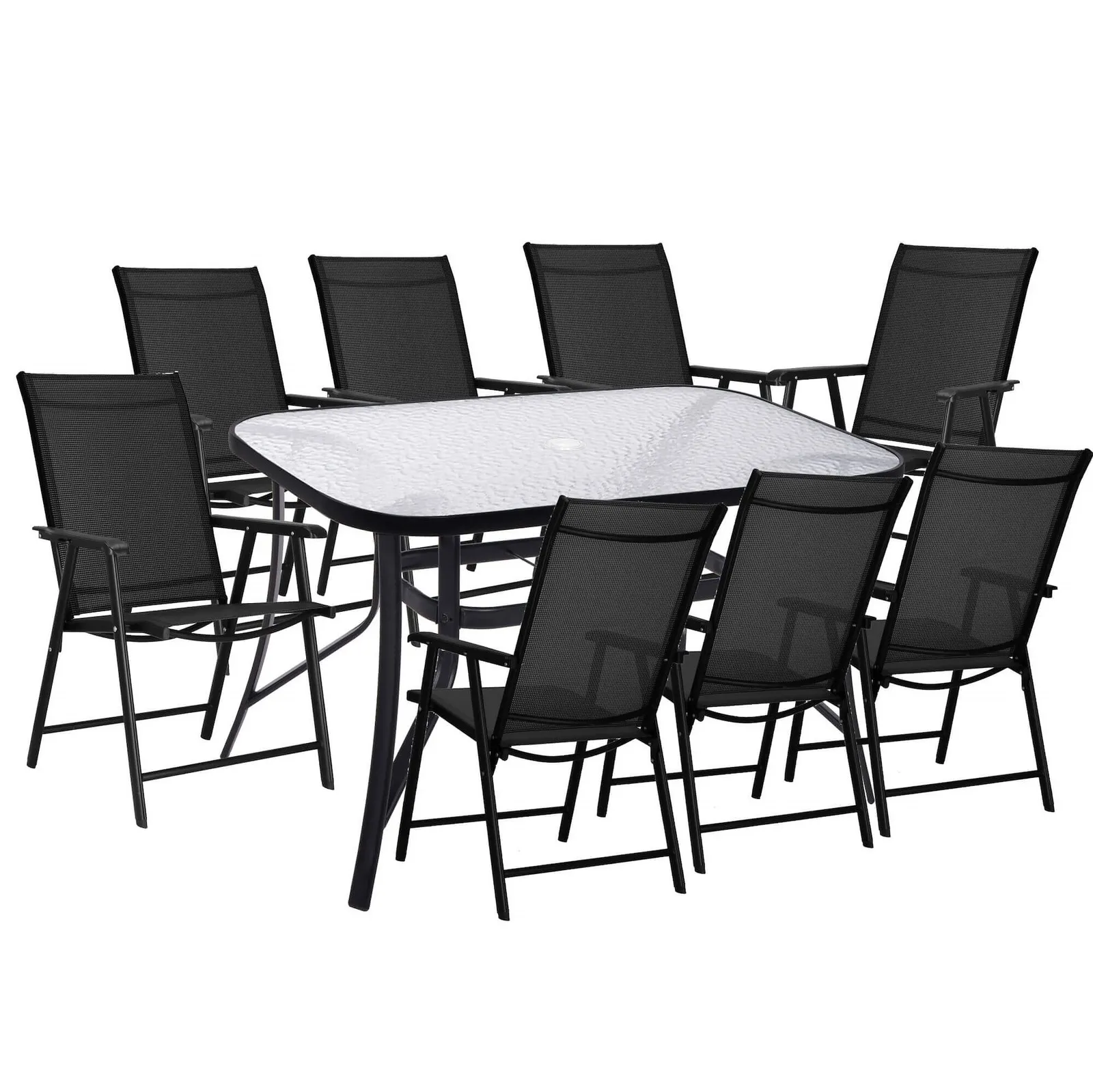 Meble ogrodowe, komplet na balkon dla 8 osób: metalowe 8 krzeseł i stół z szkła hartowanego czarny