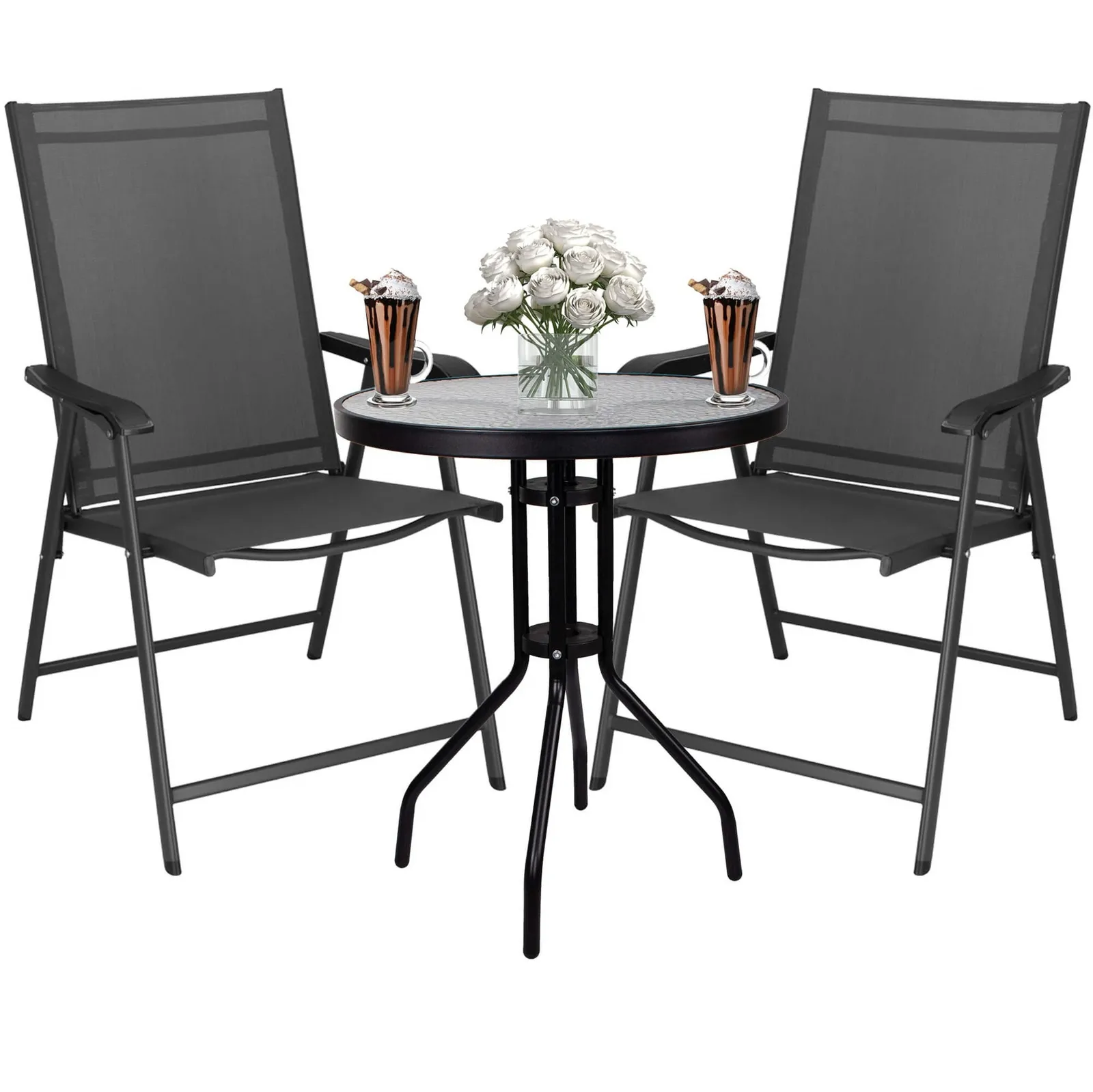 Zestaw mebli ogrodowych stół okrągły i 2 krzesła metalowe komplet na balkon czarno-szary