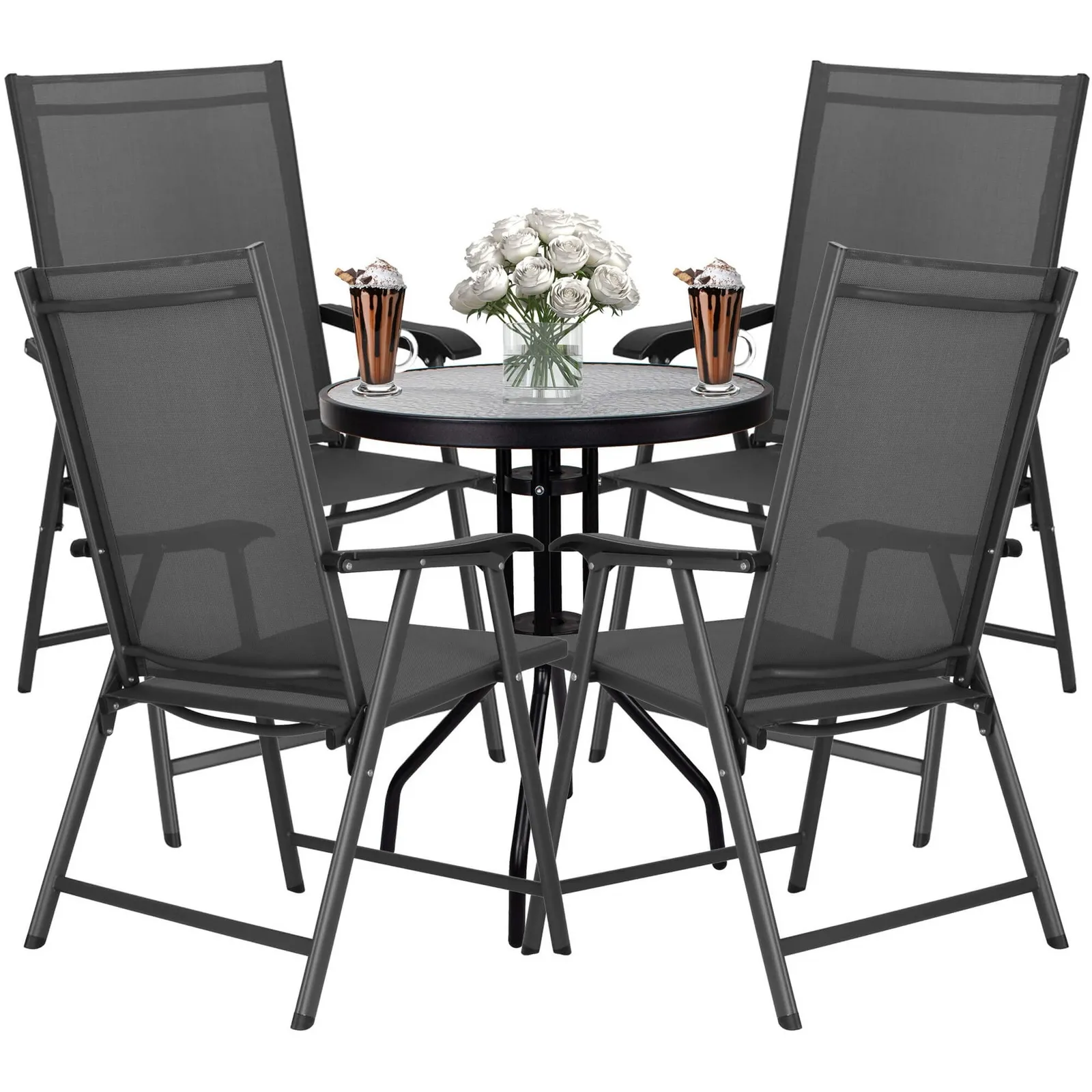 Zestaw mebli ogrodowych stół ze szkłem hartowanym, 4 krzesła komplet na taras szaro-czarny