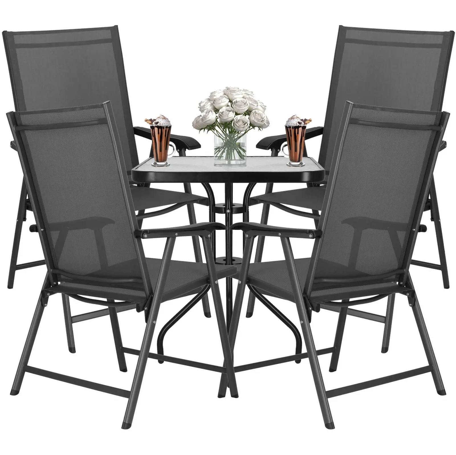 Zestaw mebli ogrodowych stół ze szkłem hartowanym, 4 krzesła komplet na taras szaro-czarny