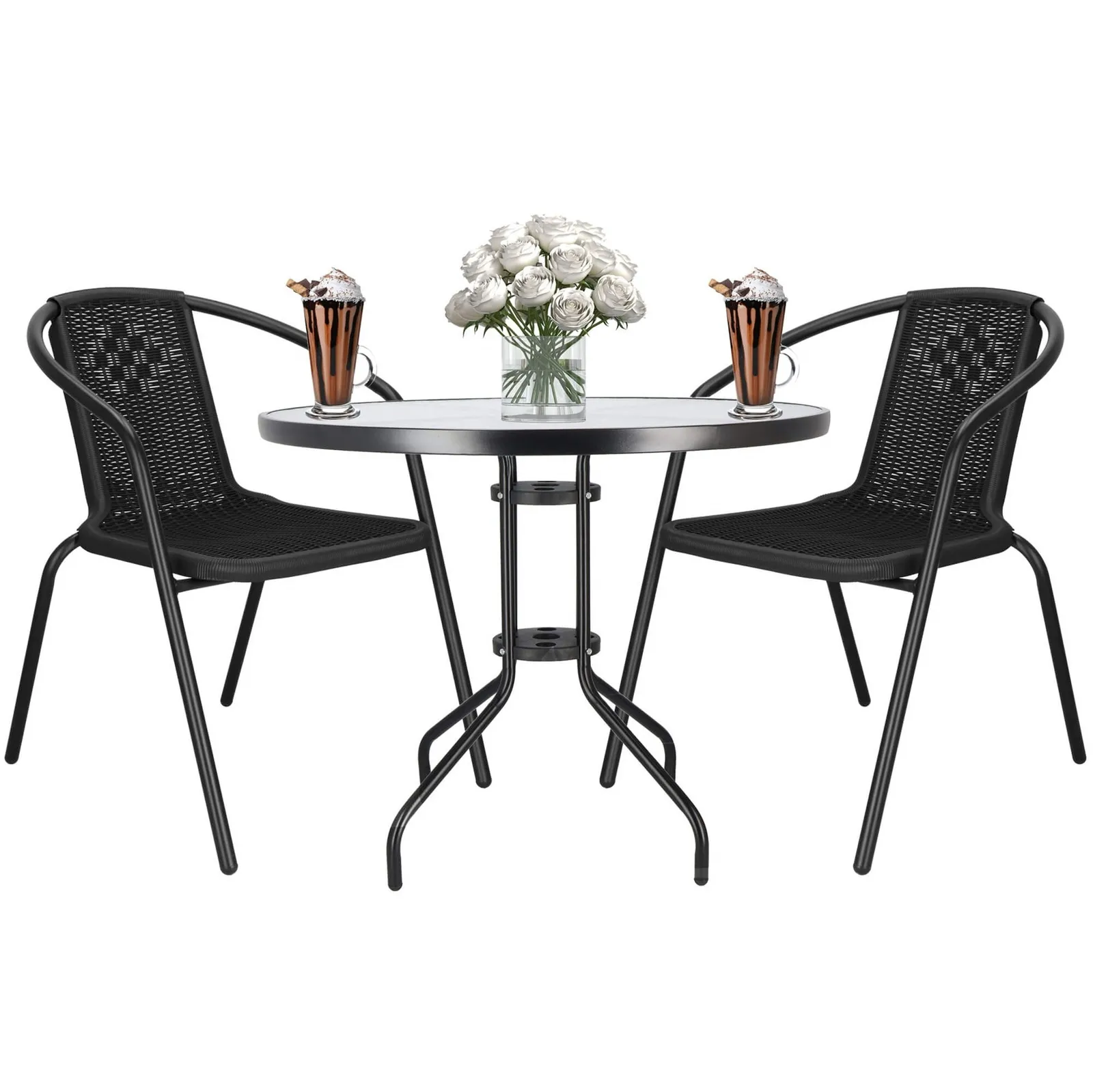 Meble na balkon: stolik kawowy, 2 krzesła metalowe do ogrodu czarne