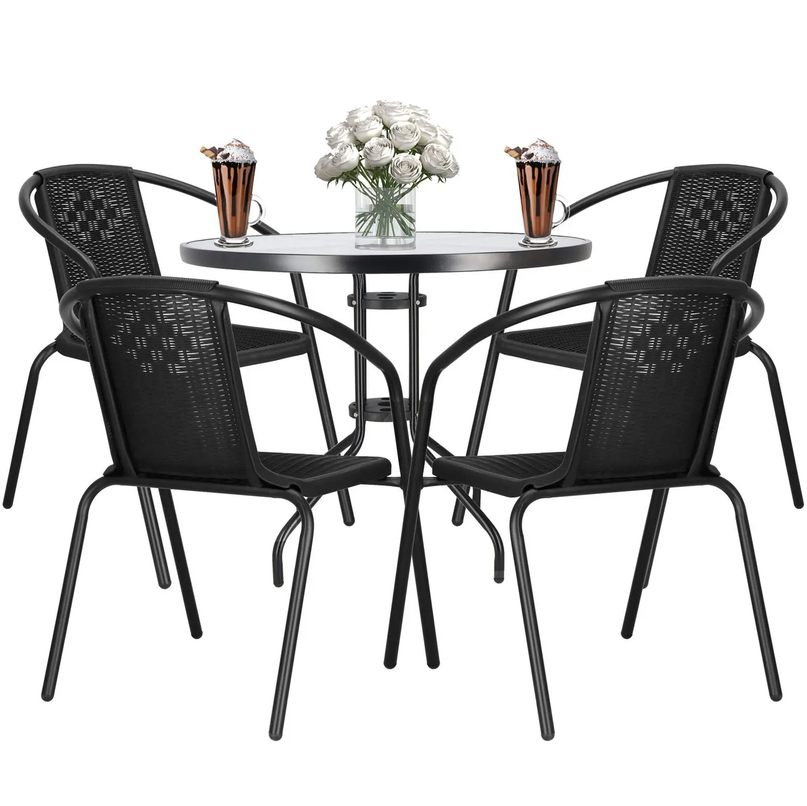 Meble na balkon: stolik kawowy, 4 krzesła metalowe do ogrodu czarne