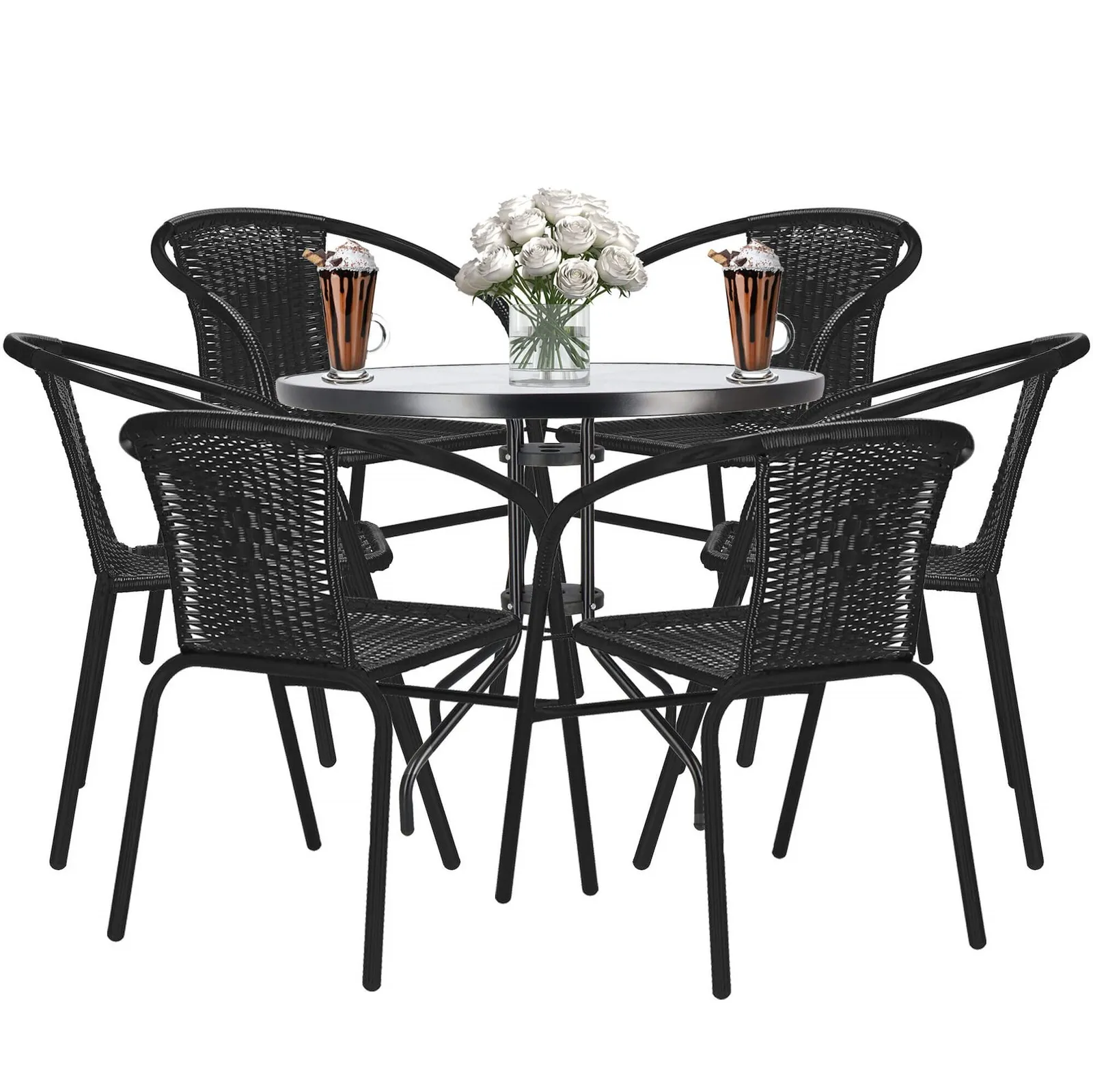 Meble na balkon: stolik kawowy, 6 krzeseł metalowych do ogrodu czarne