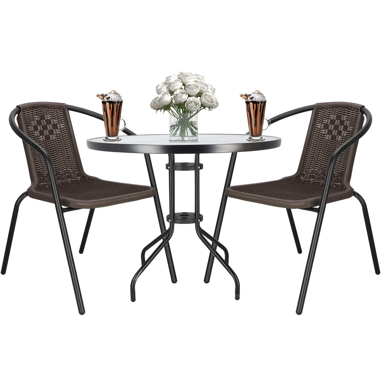 Meble na balkon: stolik kawowy, 2 krzesła metalowe do ogrodu czarno-brązowe