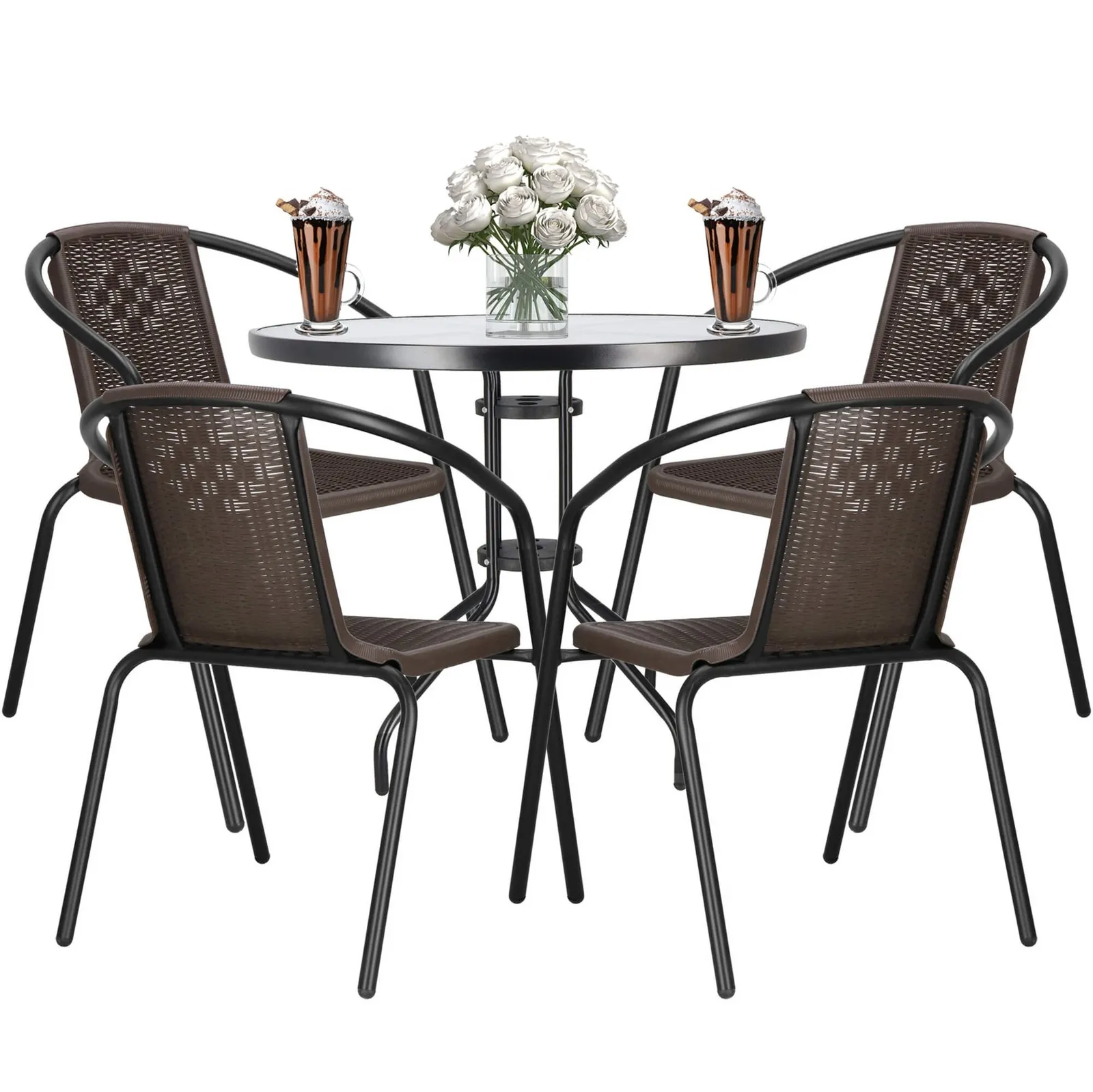 Meble na balkon: stolik kawowy, 4 krzesła metalowe do ogrodu czarno-brązowe