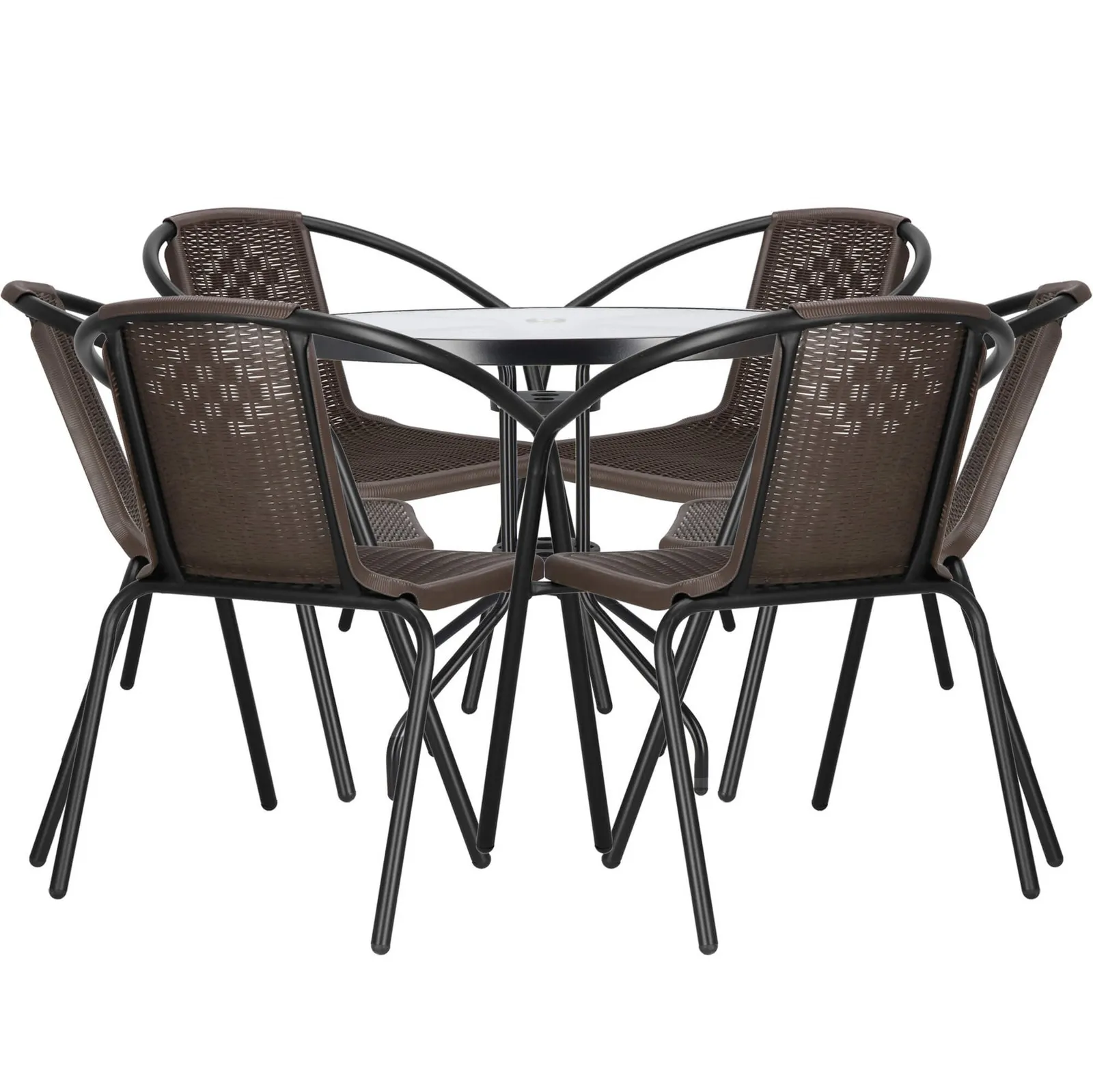 Meble na balkon: stolik kawowy, 6 krzeseł metalowych do ogrodu czarno-brązowe