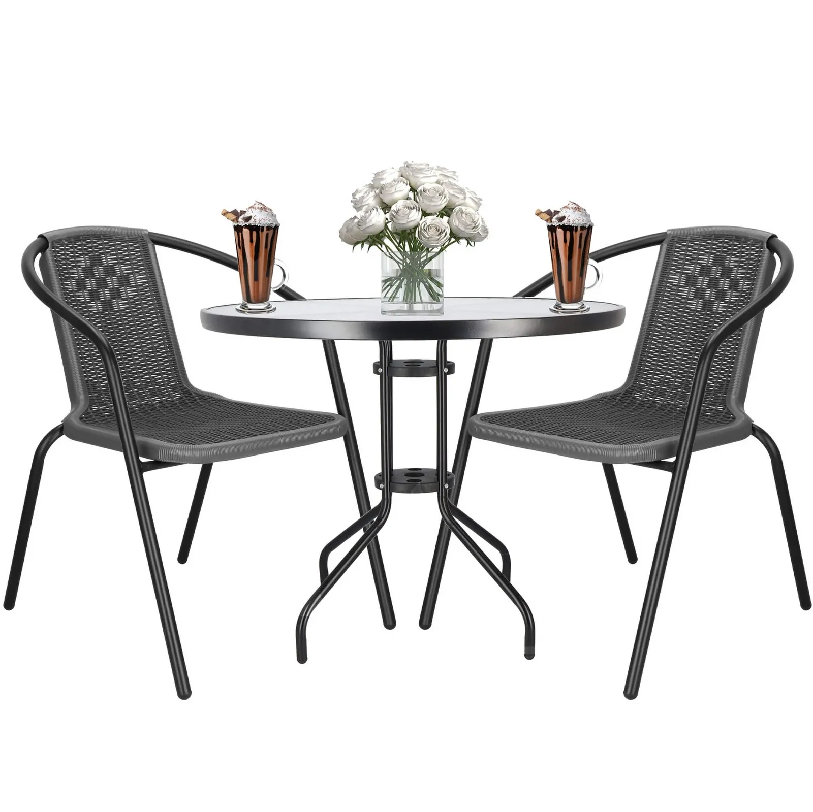 Meble balkonowe stolik kawowy ze szklanym blatem 2 krzesła metalowe ogrodowe czarno-szare