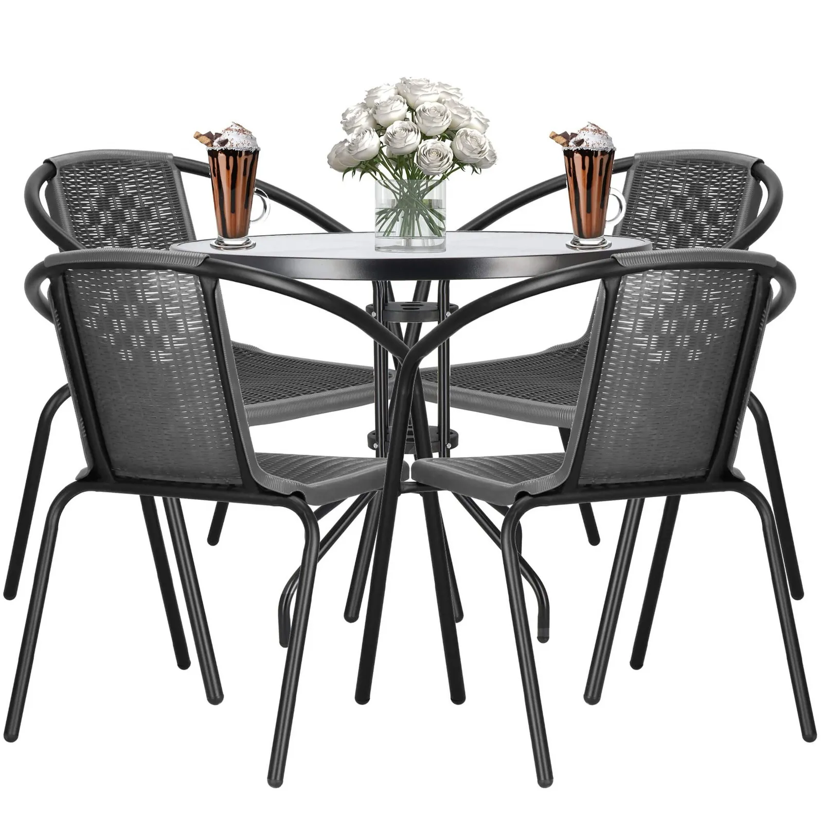 Komplet mebli tarasowych, ogrodowych 4 krzesła i okrągły stół z szkła hartowanego czarno-szary