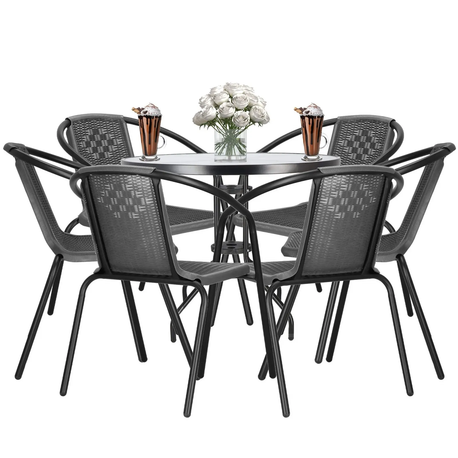 Meble ogrodowe balkonowe stolik kawowy ze szklanym blatem, 6 krzeseł metalowych czarno-szare