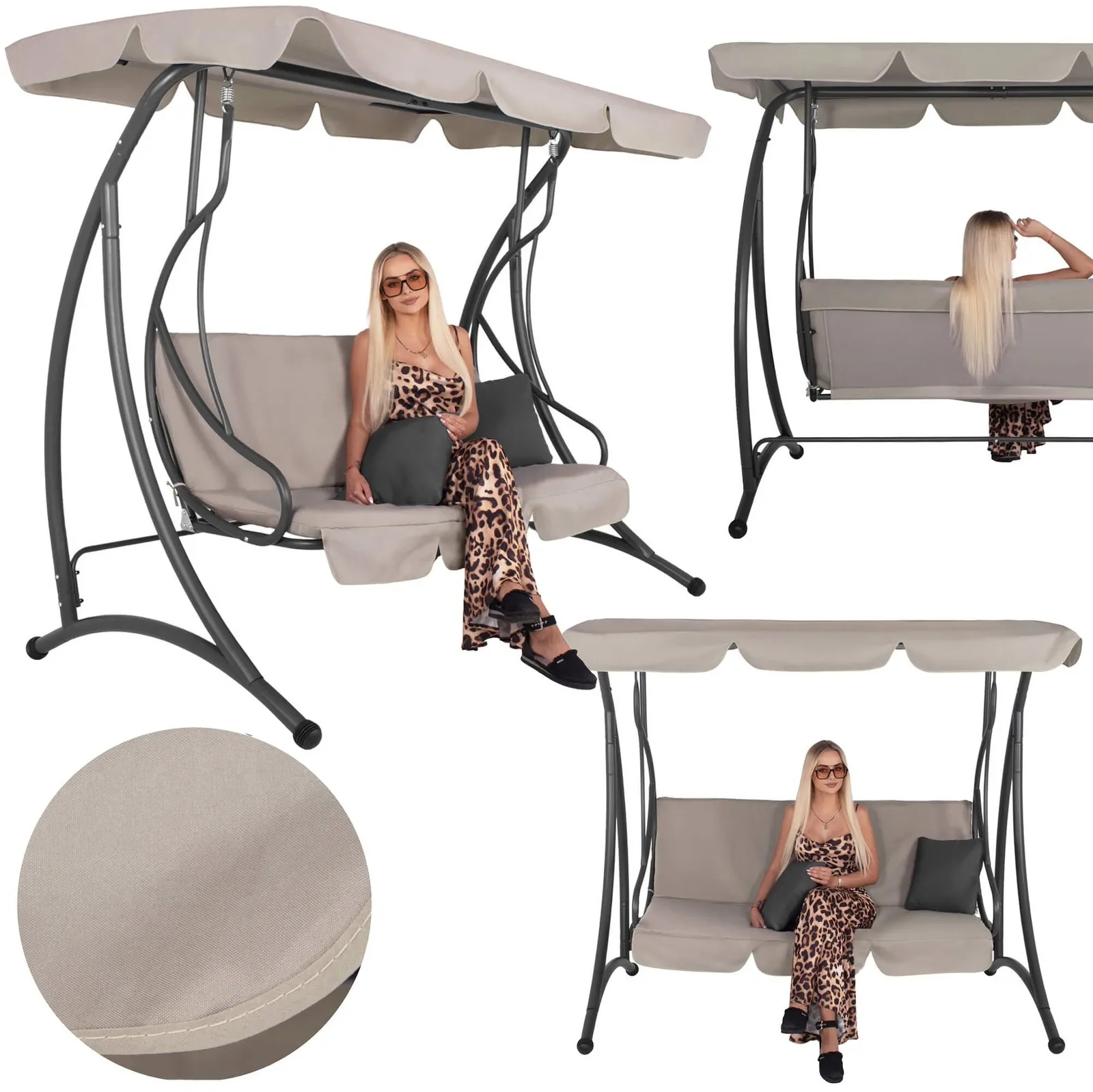 Huśtawka ogrodowa z daszkiem 3-osobowa leżanka z materacem i poduszkami beżowa
