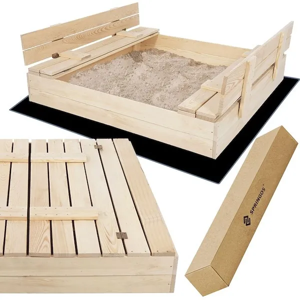 Piaskownica zamykana z ławeczkami 120x120 cm drewniana z agrowłókniną