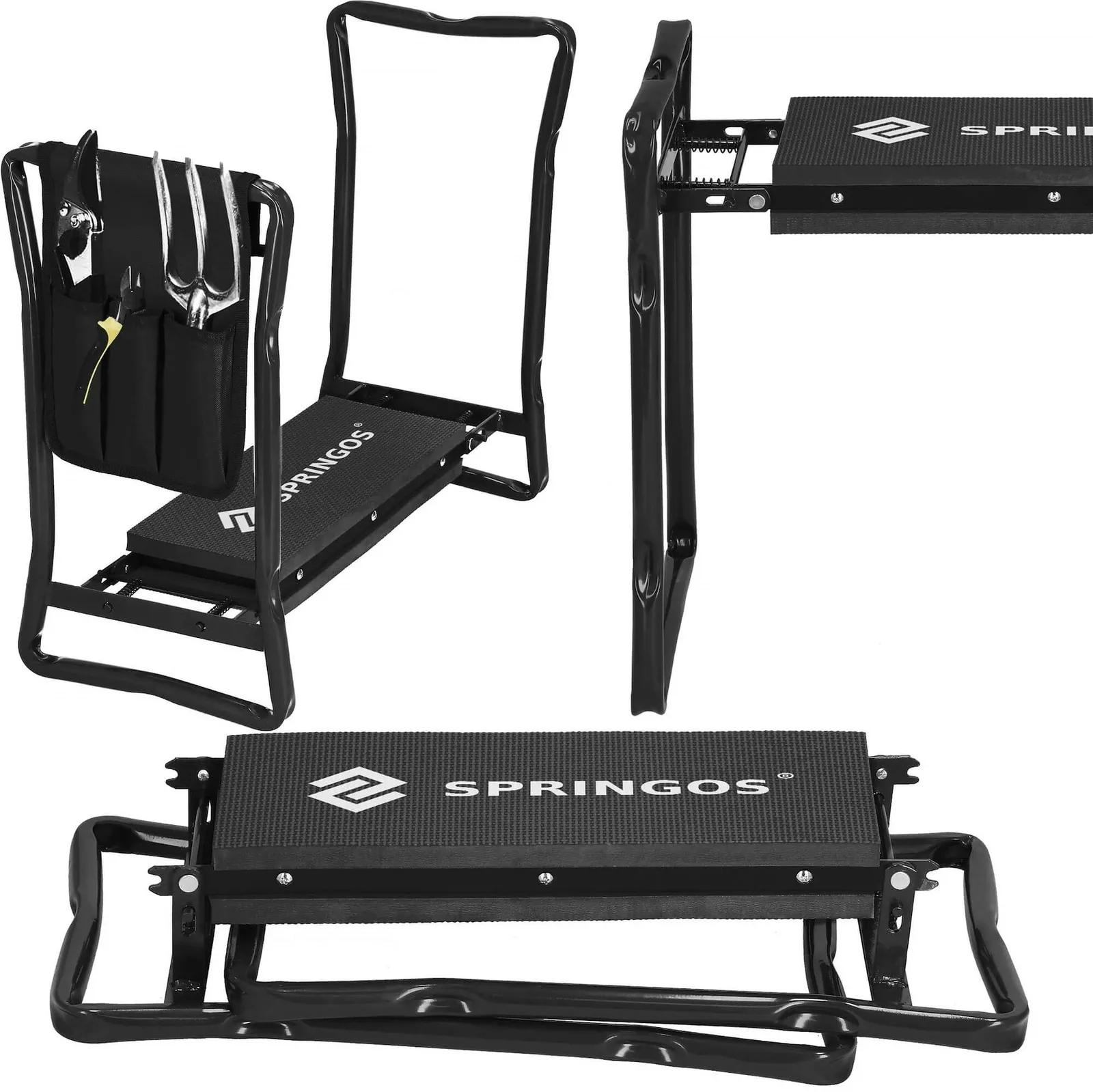 Krzesło ogrodowe do pielenia z przybornikiem na narzędzia, składany klęcznik warsztatowy, czarny