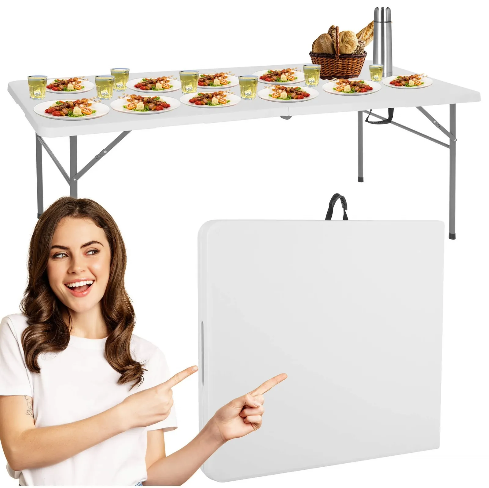 Stół składany cateringowy 200 x 90 x 74 cm stolik ogrodowy turystyczny walizka biały