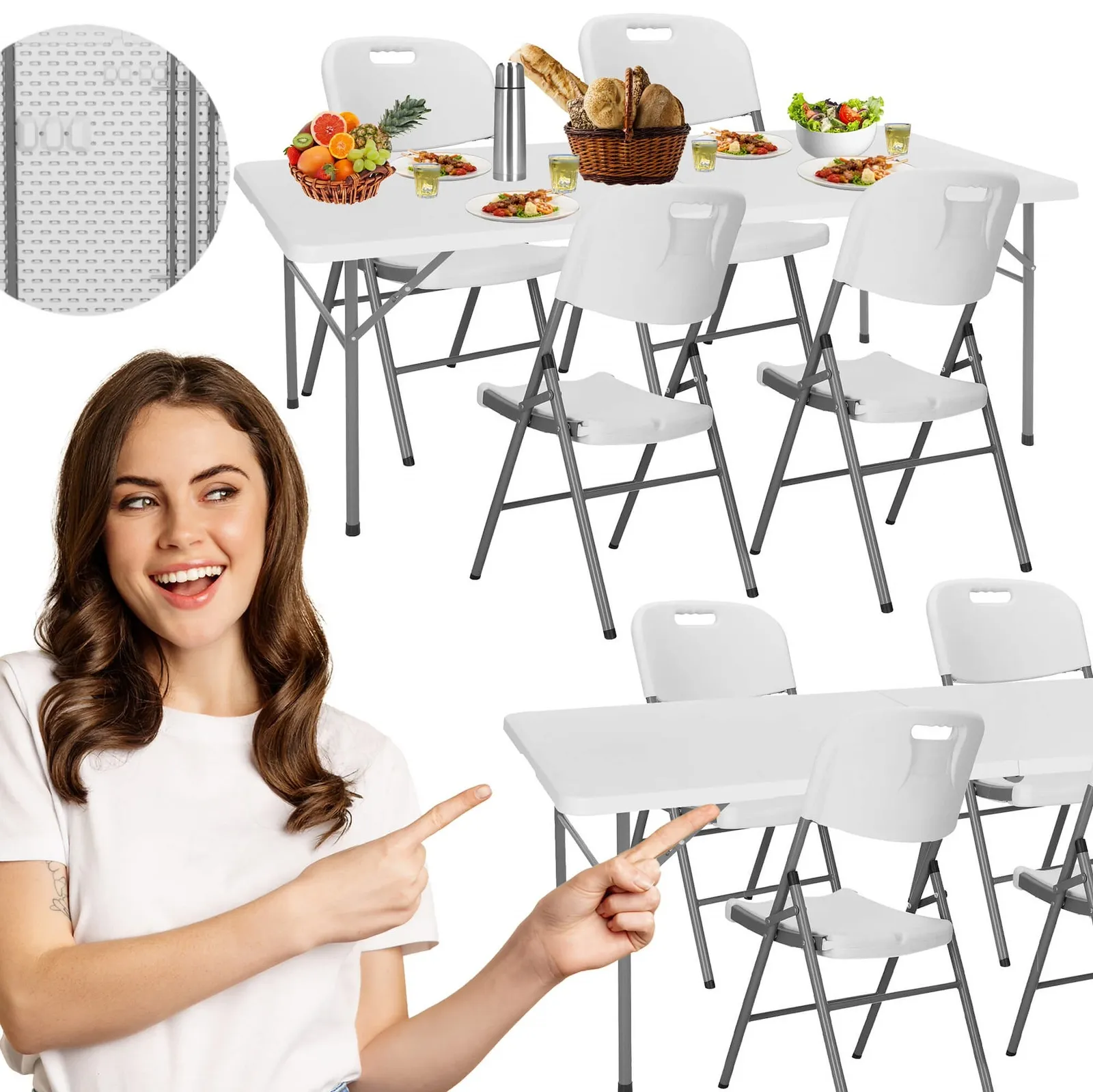 Meble turystyczne składane, stół 200x90 cm z 4 krzesłami zestaw cateringowy ogrodowy biały