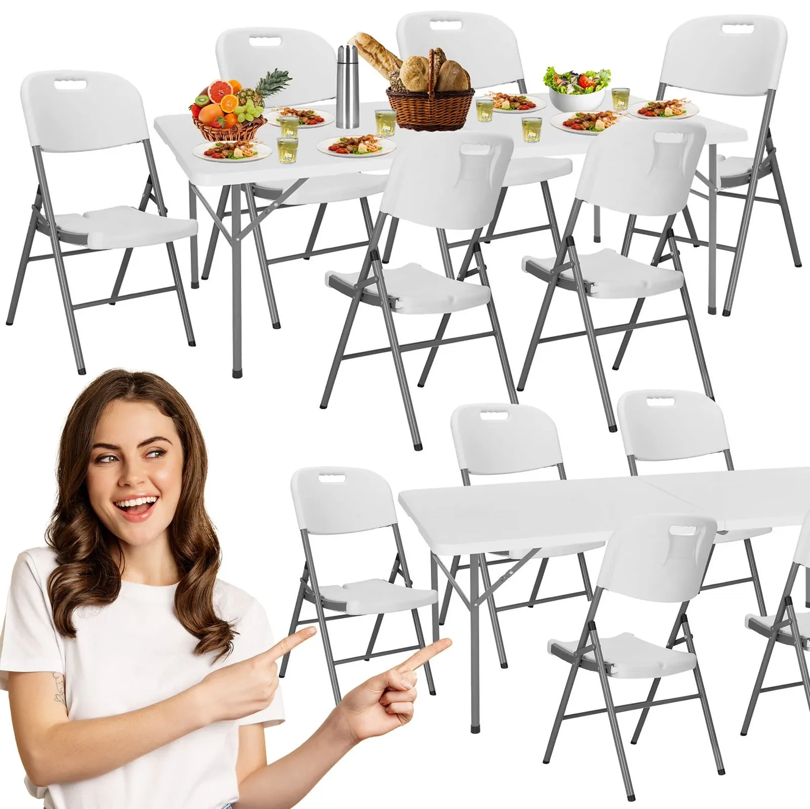 Meble turystyczne składane, stół 200x90 cm z 6 krzesłami zestaw cateringowy ogrodowy biały