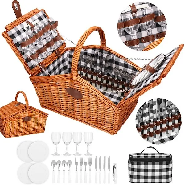 Kosz piknikowy dla 4 osób z wyposażeniem, zamykany z torbą termiczną 45x 32x42 cm wiklinowy, brązowy