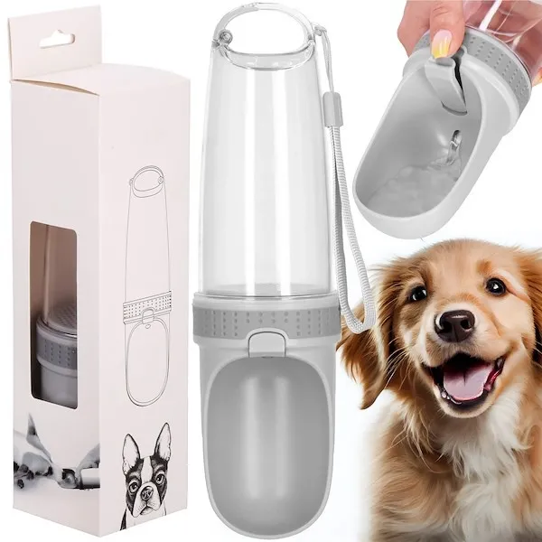 Butelka turystyczna na wodę z filtrem i poidełkiem dla psa 350 ml szaro-przeźroczysta