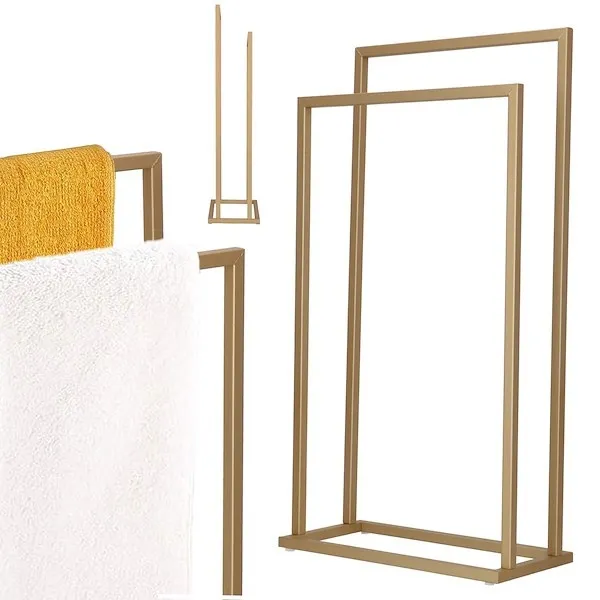 Wieszak łazienkowy na ręczniki, 86 cm metalowy stojak wolnostojący dwa ramiona, złoty