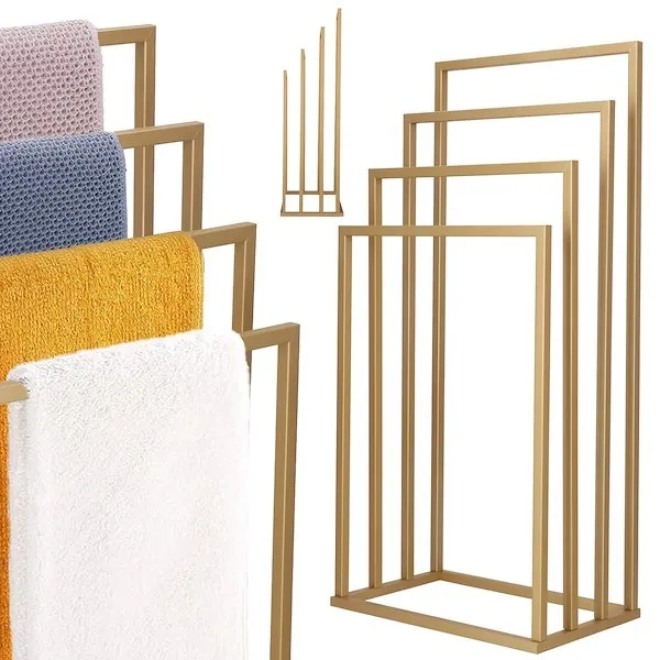 Wieszak łazienkowy na ręczniki, 96 cm metalowy stojak wolnostojący 4-ramienny, złoty