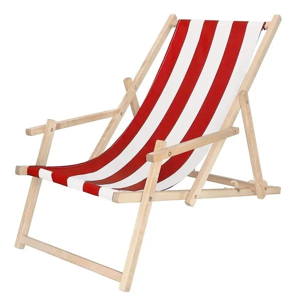 Leżak plażowy z podłokietnikami z materiałem w czerwone pasy