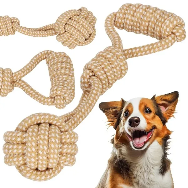 Gryzak dla psa sznur bawełniany z węzłami zabawka do gryzienia lina 30 cm jasnobrązowa