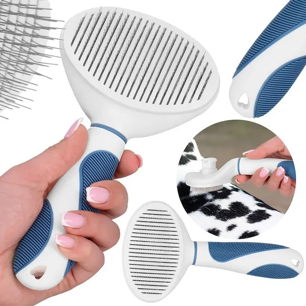 Szczotka do wyczesywania sierści psa kota, stalowa, samoczyszcząca biało-niebieska