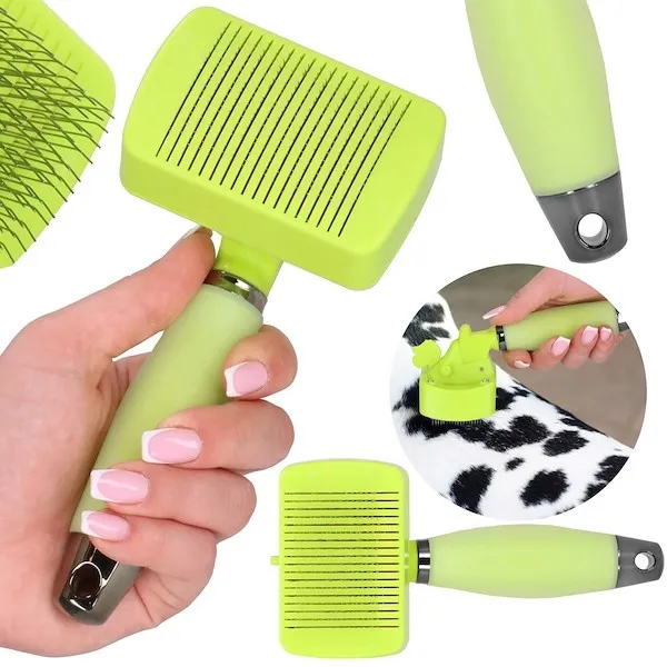 Szczotka do wyczesywania sierści psa kota, stalowa, samoczyszcząca zielona