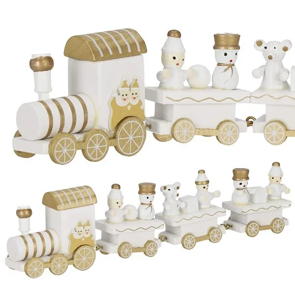 Drewniana kolejka z wagonikami, zabawka, dekoracja na święta, wystrój wnętrz biało-złoty