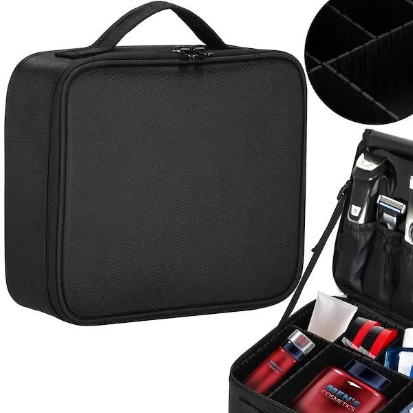 Podróżny kuferek na kosmetyki z regulowanymi przegródkami, kosmetyczka czarna