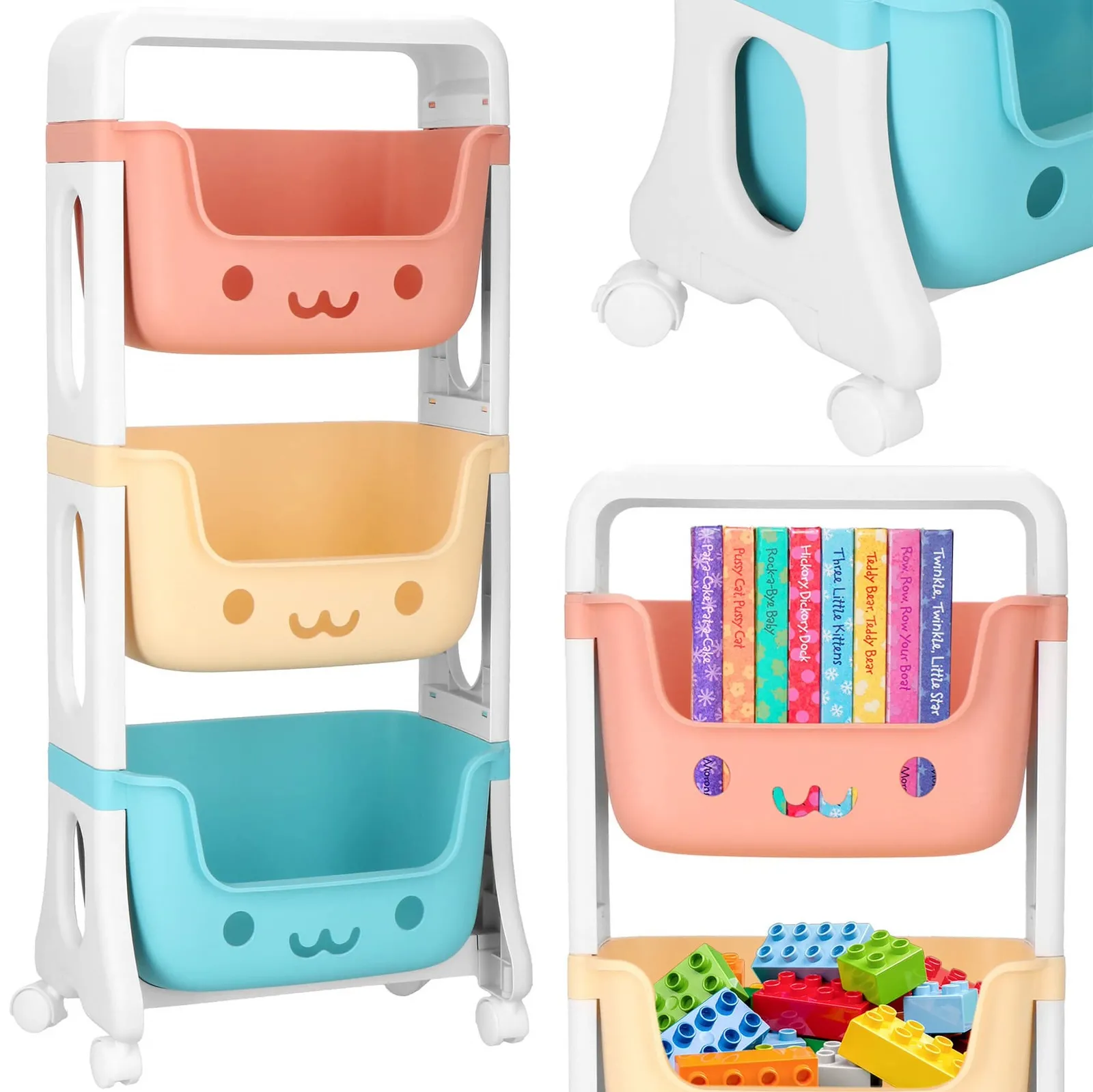 Mobilny organizer na zabawki z 3 pojemnikami, regał na kółkach pastelowy