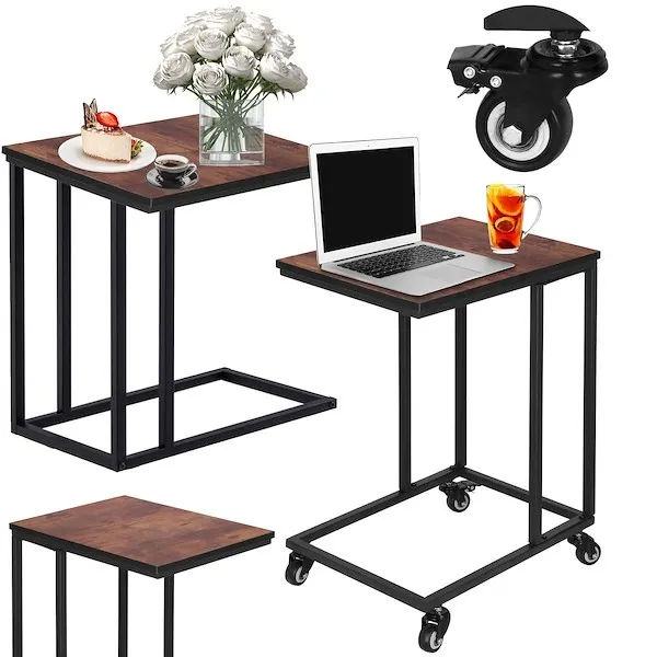 Stoliki kawowe, industrialne zestaw 2 szt. mobilny stolik z kółkami, stolik pomocniczny, boczny czarno-brązowe