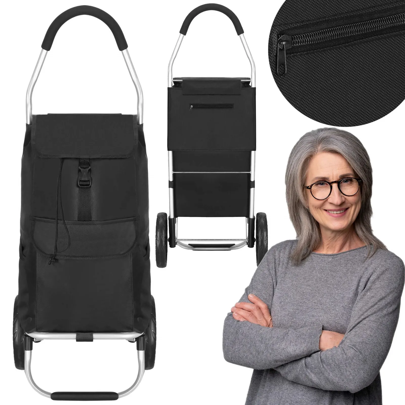 Wózek transportowy na zakupy 42 l torba zakupowa dla seniora na kółkach czarna