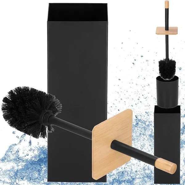 Szczotka WC z pojemnikiem metalowym bambusowa, toaletowa czarno-brązowa