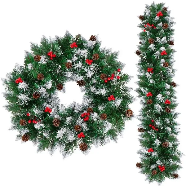 Girlanda choinkowa, świąteczna ośnieżona 110 cm łańcuch z szyszkami i jarzębiną, zielona