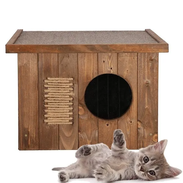 Buda dla kota, psa drewniana, ocieplana 58x49,5 cm z płaskim dachem, brązowa