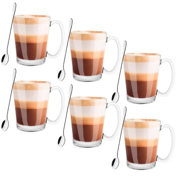Filiżanki do kawy latte, szklanki do deserów 300 ml z długimi łyżeczkami komplet 6 szt.