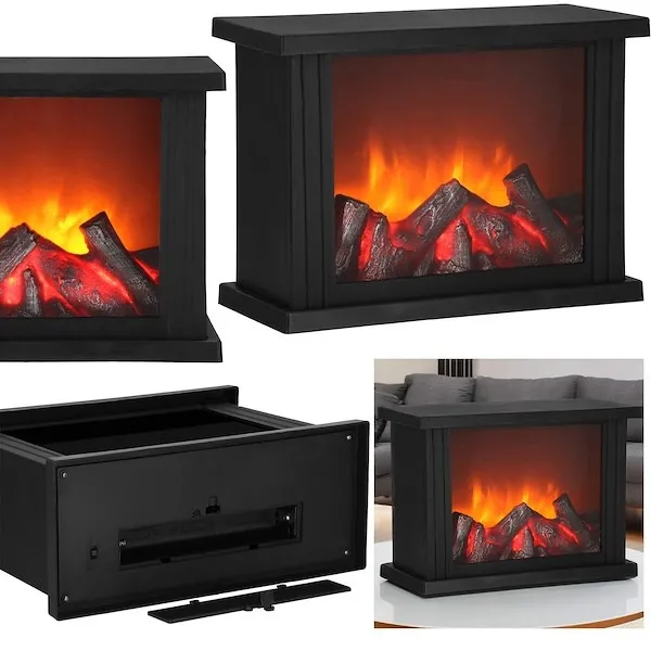 Lampion kominek na baterie LED 27,5x19,5x12 cm oświetlenie dekoracyjne z efektem płomienia, czarne