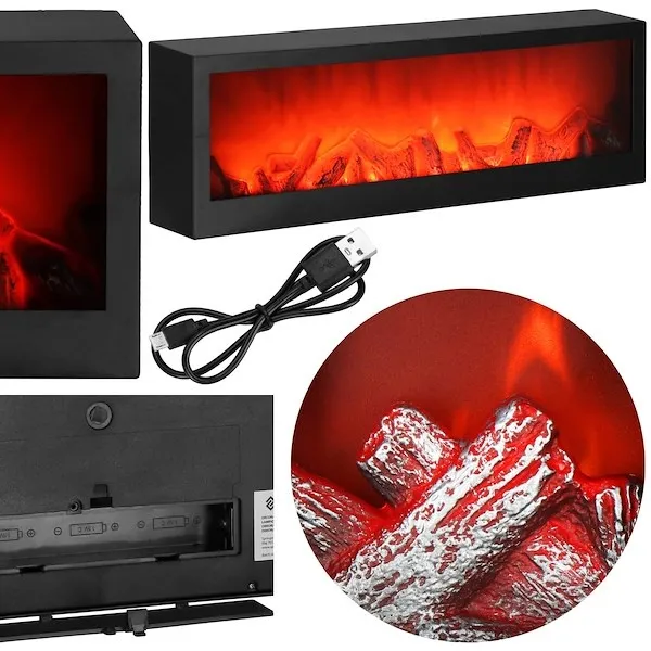 Kominek na baterie LED 60x10x19,5 cm oświetlenie dekoracyjne z efektem płomienia, czarne